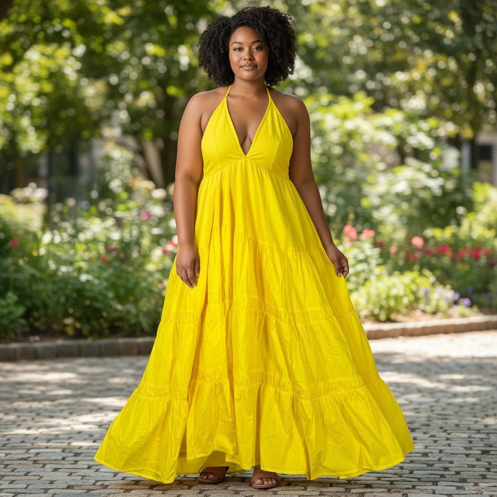 Prabal Gurung for JCPenney Yellow Tiered Halter Maxi Dress Plus Size 20W NWT